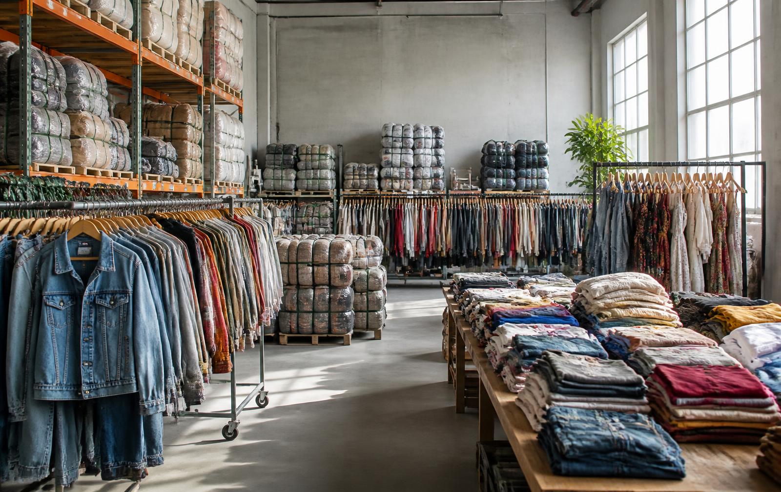 Racks and bales of vintage and boutique clothing in a sorting warehouse